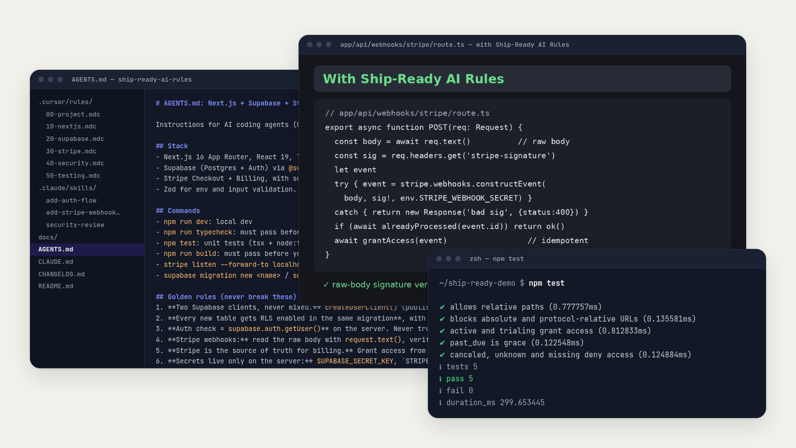 AGENTS.md rules, a verified Stripe webhook handler and 5 passing tests