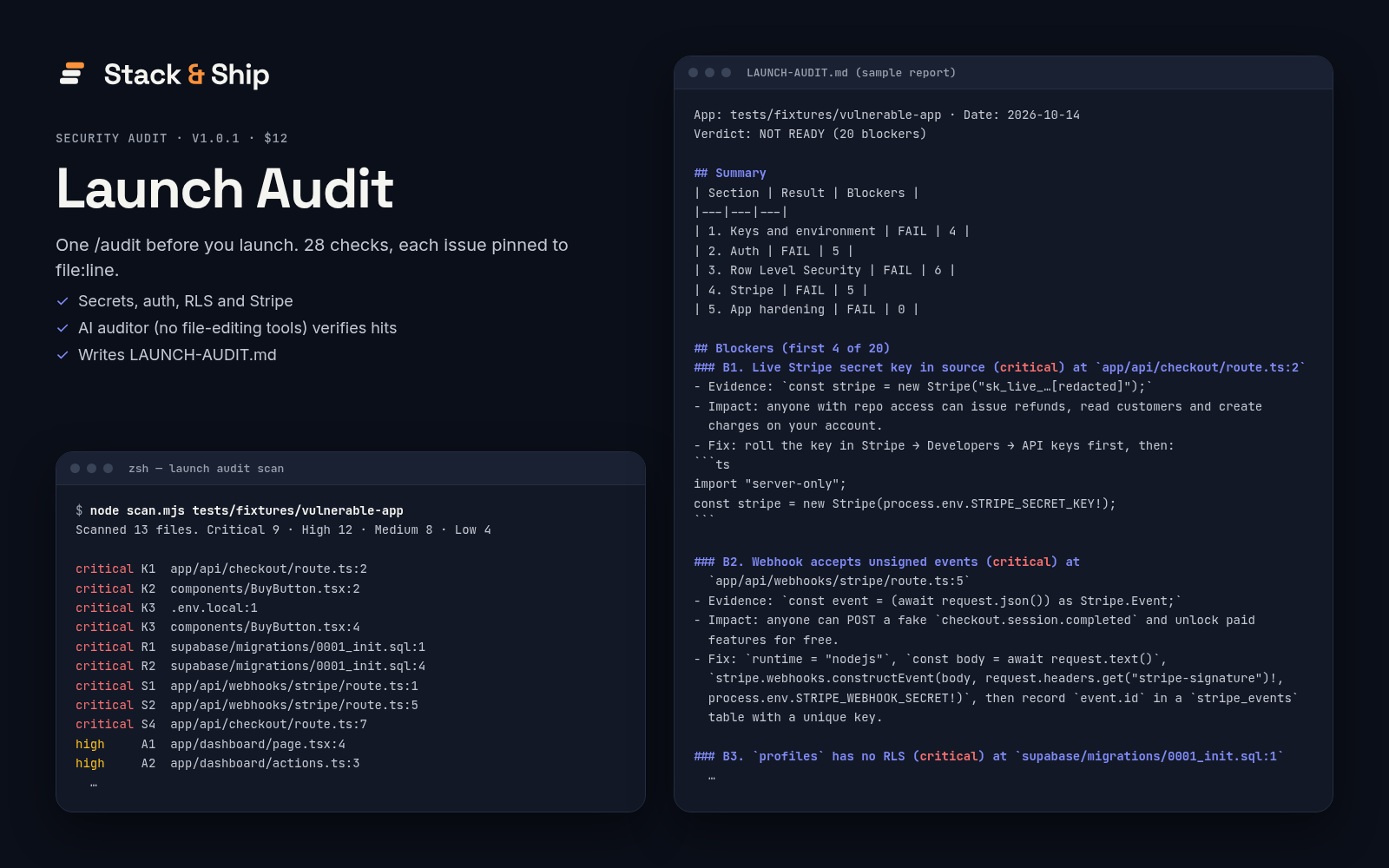 Launch Audit preview: 28 checks for secrets, auth, RLS and Stripe; AI auditor (no file-editing tools) verifies hits; writes LAUNCH-AUDIT.md