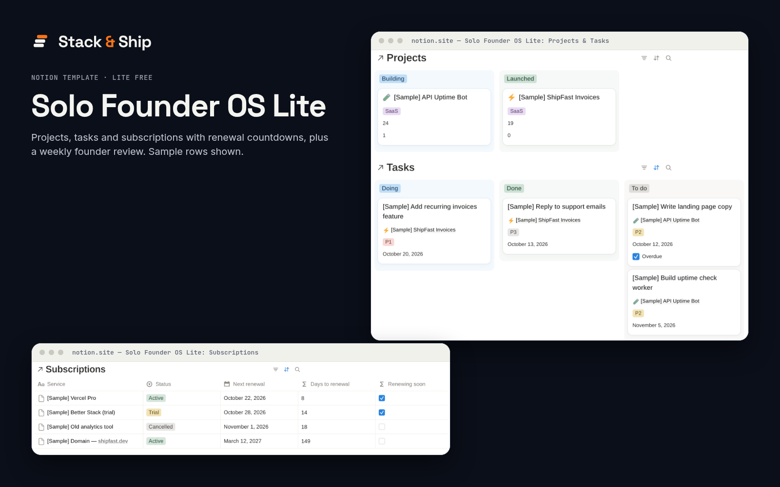 Solo Founder OS Lite Notion template preview