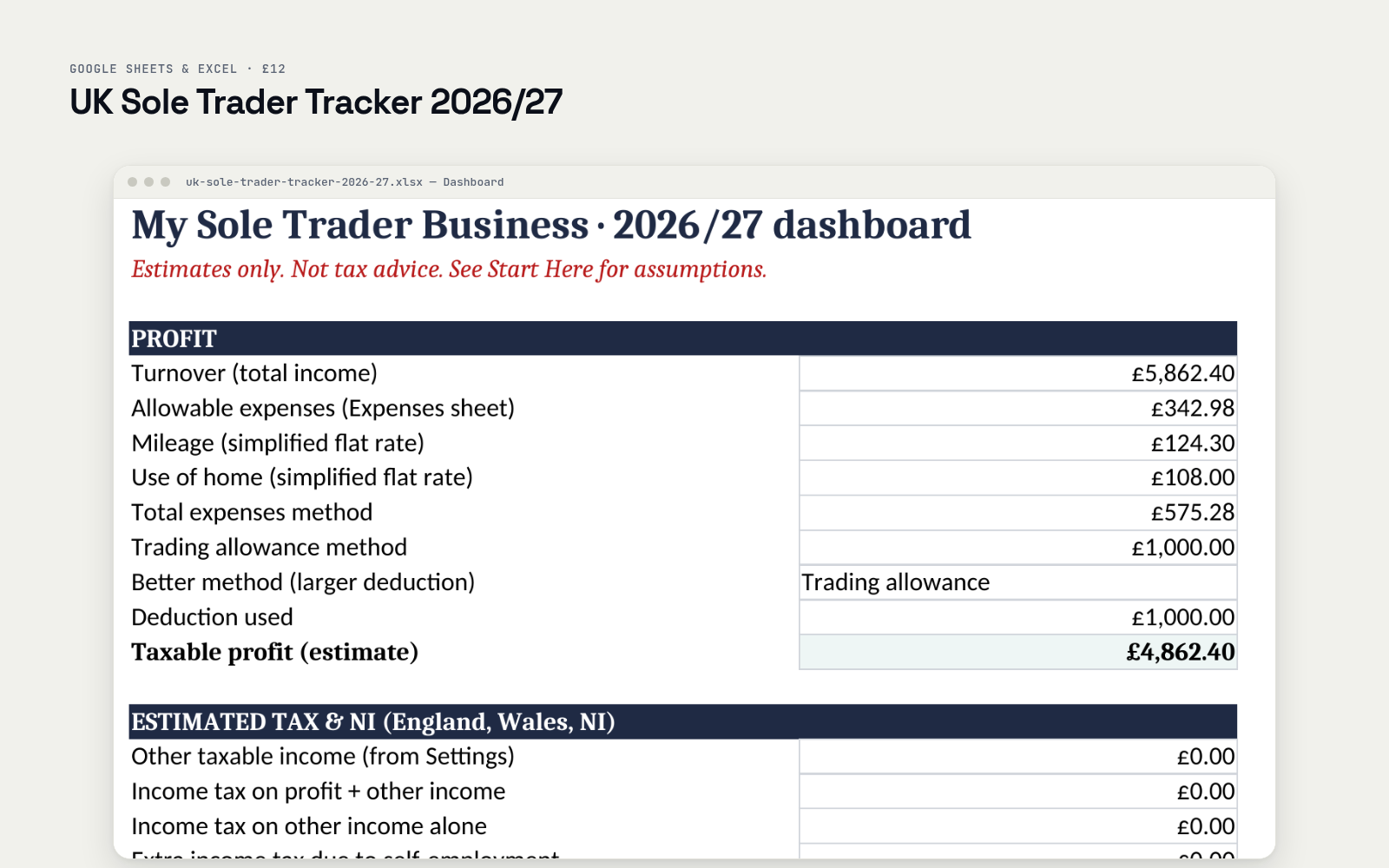 UK Sole Trader Self-Assessment Tracker 2026/27 preview