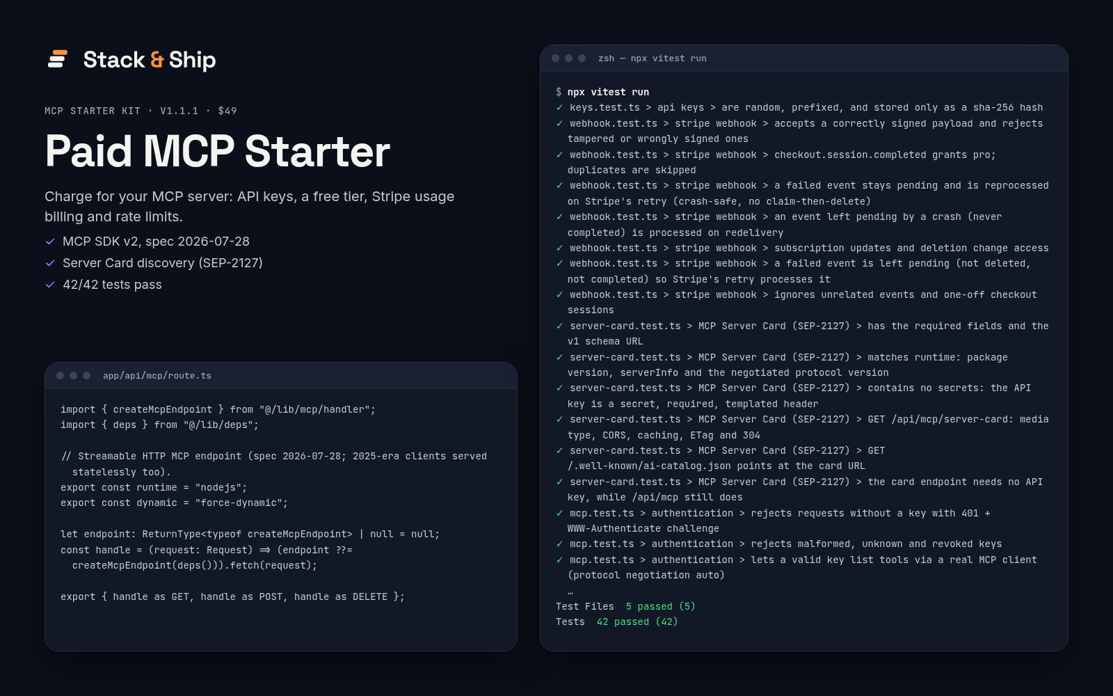 Paid MCP Starter preview: A remote MCP server with API keys, a free tier, Stripe usage-based billing, rate limits, and a usage dashboard on Next.js + Supabase.
