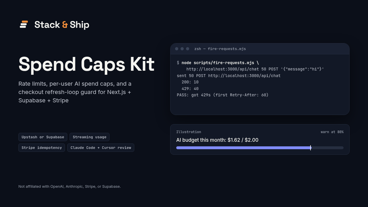Stack & Ship cover: Spend Caps Kit. Rate limits, per-user AI spend caps, and a checkout refresh-loop guard for Next.js + Supabase + Stripe. Chips: Upstash or Supabase, Streaming usage, Stripe idempotency, Claude Code + Cursor review. Terminal (real run of the kit's fire-requests.mjs against a local /api/chat route limited with PRESETS.aiRoute): sent 50 POST http://localhost:3000/api/chat, 200: 10, 429: 40, PASS: got 429s (first Retry-After: 60). Beside it, a meter labelled as an illustration: AI budget this month: $1.62 / $2.00, warn at 80%. Footer: Not affiliated with OpenAI, Anthropic, Stripe, or Supabase.